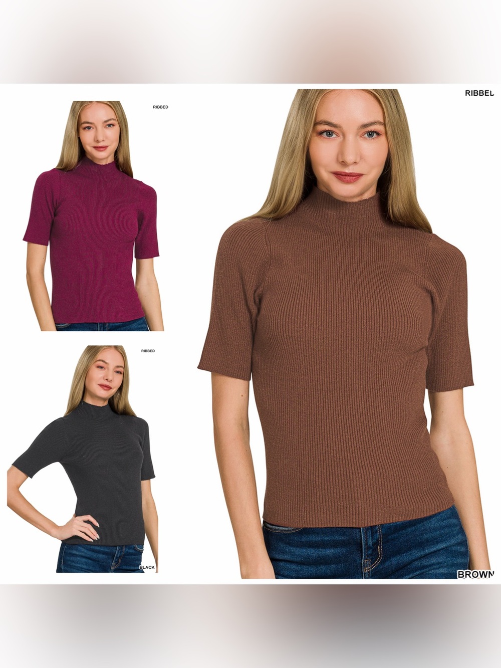 Zenana Staple Ribbed Short-Sleeve Mock Neck Top - 3 Colorways
